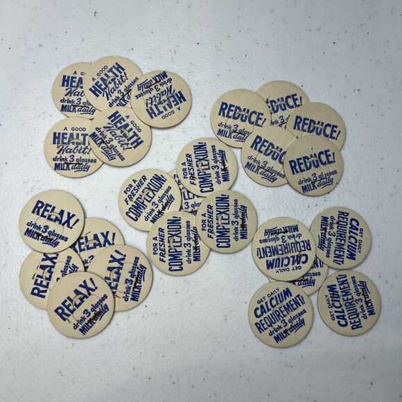 Vintage Lot 25 Milk Bottle Caps Blue & White Dairy Collectible 5 of 5 designs - Picture 3 of 4